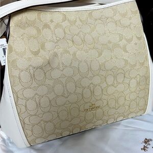 Coach Beige and White Signature Shoulder Bag